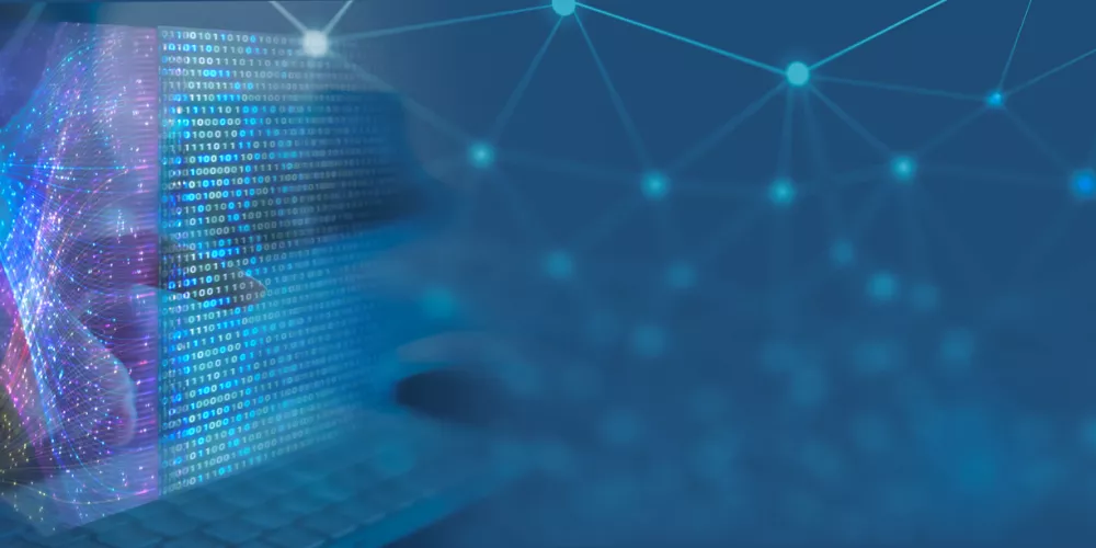 Digital face partially overlaid with binary code and colorful light patterns on the left, merging into a network of glowing dots and lines on a blue background.