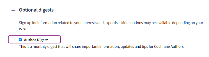 Screenshot of Author Digest subscription screen in Cochrane account