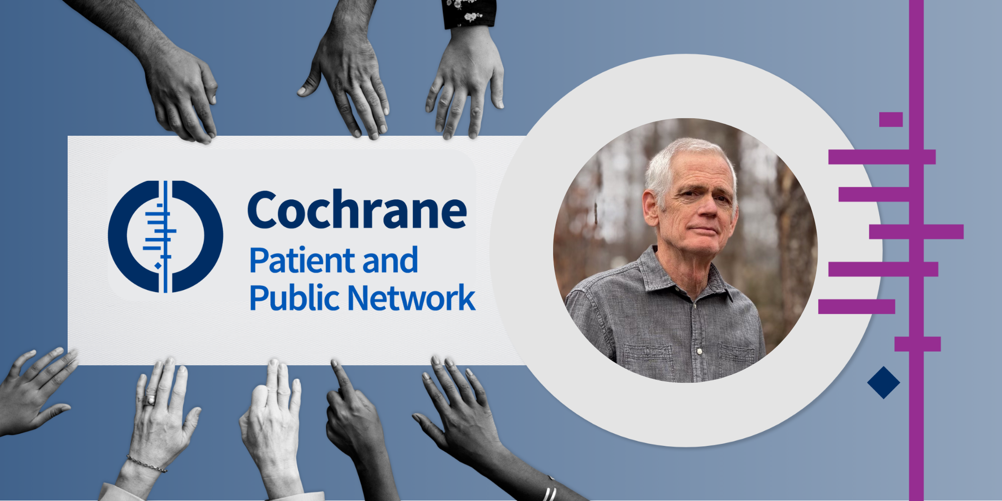 A headshot of Brian and the Cochrane Patient and Public Network logo