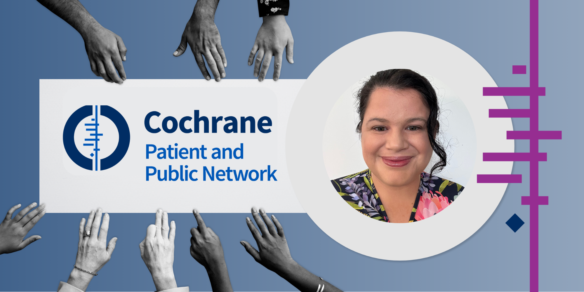 A headshot of Danielle and the Cochrane Patient and Public Network logo