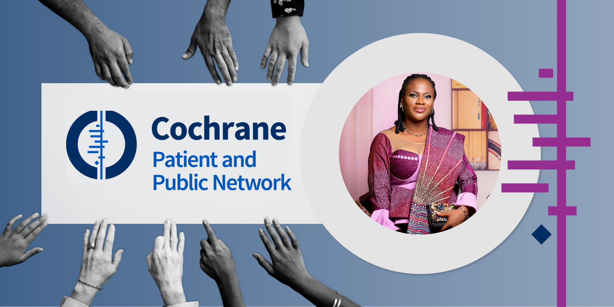 A headshot of Euphrasia and the Cochrane Patient and Public Network logo