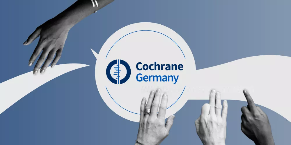 An image of hands reaching in and the logo for Cochrane Germany