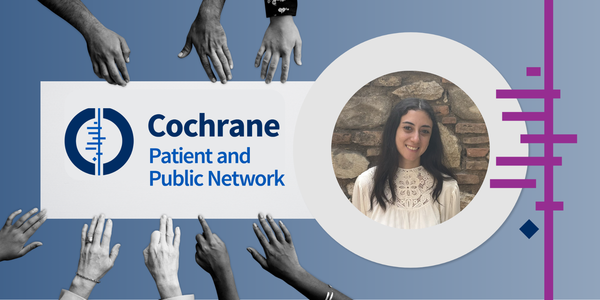 A headshot of Rose and the Cochrane Patient and Public Network logo